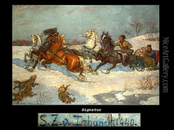 Wolfe Fallen Eine Trojka An Oil Painting - Sixtus Z. von Dzbanski