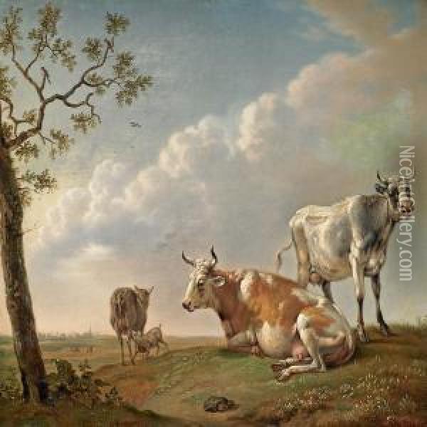 Cows And Sheepat The Field Oil Painting - Christian David Gebauer