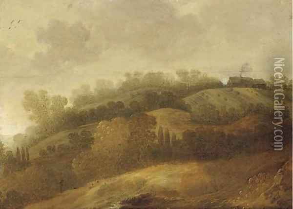 A hillside landscape with a house beyond Oil Painting - Jan Coelenbier