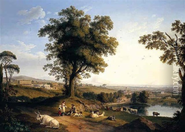 A Panoramic Landscape In The Roman Campagna With A Distant Prospect Of The Villa Albani Near Rome, Peasants With Goats And Cattle In The Foreground Oil Painting - Jacob Philipp Hackert