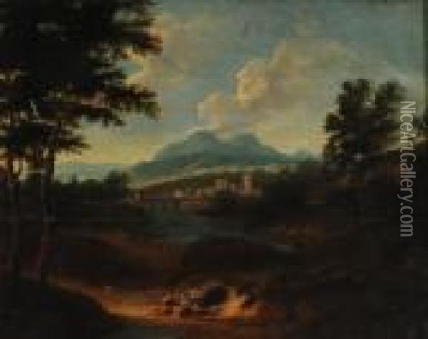 La Valle Del Tevere Sullo Sfondo Del Montesoratte Oil Painting - Gaspard Dughet Poussin