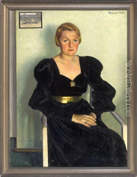 Portrait Einer Sitzenden, Blonden Dame Im Schwarzen Kleid Im Interieur, Kniestuck Oil Painting - Ernst Gebauer