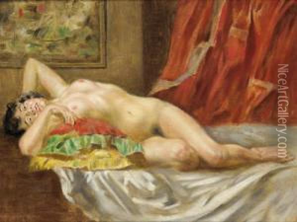 Weiblicher Akt Vor Rotem Vorhang Oil Painting - Bertalan Karlovszky