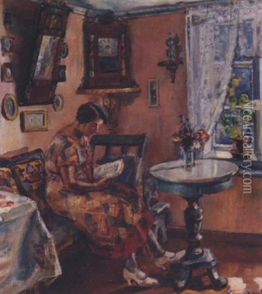 Lesende Kvinne I Interior Oil Painting - Severin Grande