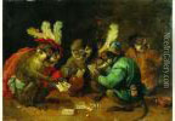 Singerie : Une Partie De Cartes Oil Painting - David The Younger Teniers