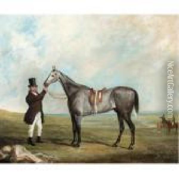 A Grey Racehorse Held By His Owner Oil Painting - Charles Henry Schwanfelder