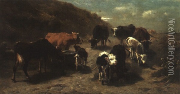 Eine Kuhherde Kehrt Von Der Weide Zuruck Oil Painting - Anton Braith