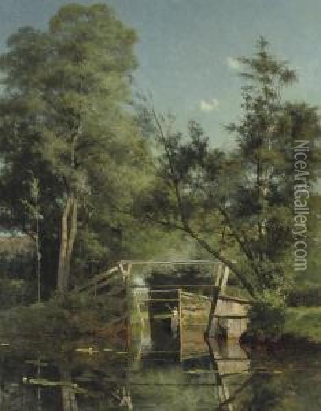 Landschap Te Giethoorn: Punting On Calm Water Near A Bridge Oil Painting - Willem Bastiaan Tholen