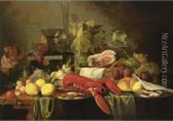 A Still Life With A Lobster, 
Crabs And Shrimps On Silver Plates, Lemons, Apricots, Black And White 
Grapes, Prunes, A Ham In A Basket, And A Bun Together With A Berkemeier 
On A Box And A Flute, All On A Wooden Table Draped With A Green 
Tablecloth Oil Painting - Jan Davidsz De Heem