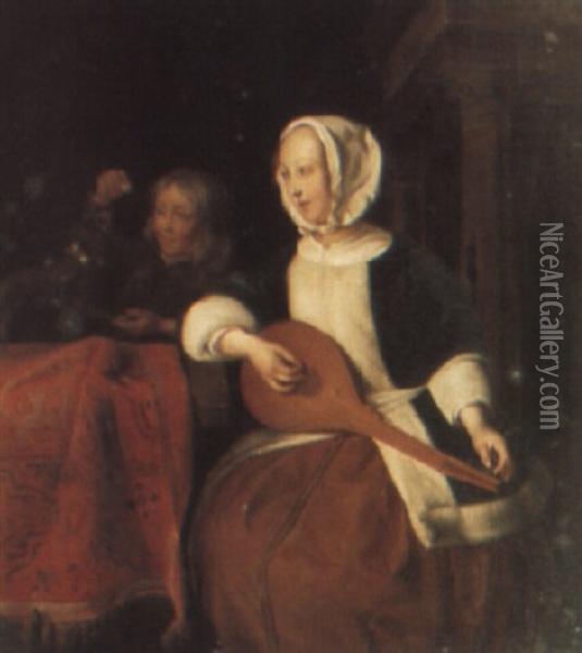 Lady With A Lure, A Child And Pet By Her Side Oil Painting - Gabriel Metsu