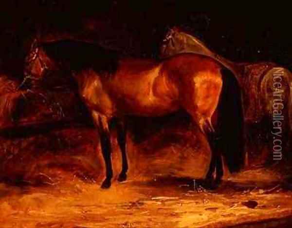 Light bay and grey horses in a stable Oil Painting - Theodore Gericault