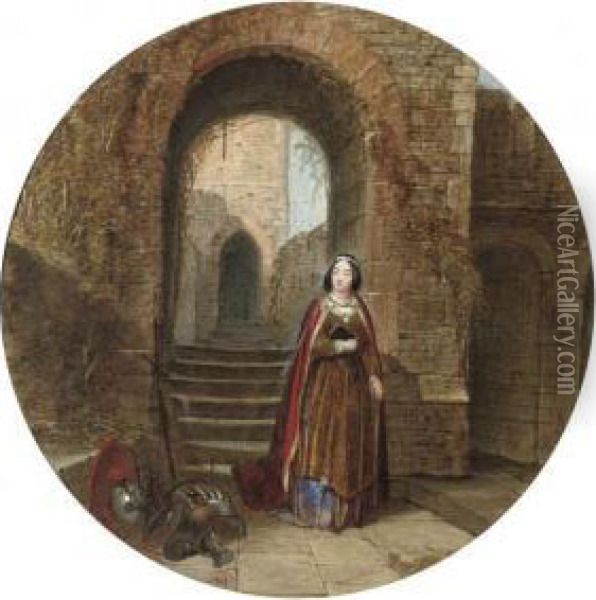Illustrations To Sir Walter 
Scott's Marmion: Lord Cranstoun And Thefair Margaret, 'lay Of The Last 
Minstrel'; And Lady Clare On Thebattlements Of Tantallon Oil Painting - John Edmund Buckley