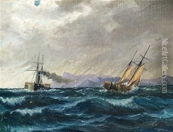 Skibe Pa Havet Ud For En Klippekyst I Uroligt Vejr Oil Painting - Holger Henrik Herholdt Drachmann