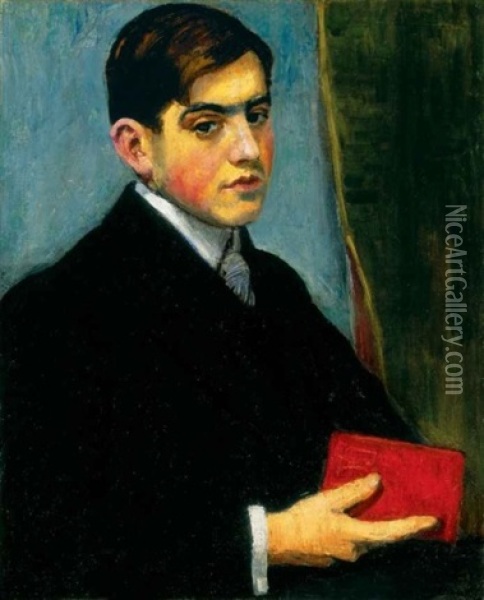 Fiatalember Piros Konyvvel (young Man With A Red Book) Oil Painting - Andor Basch