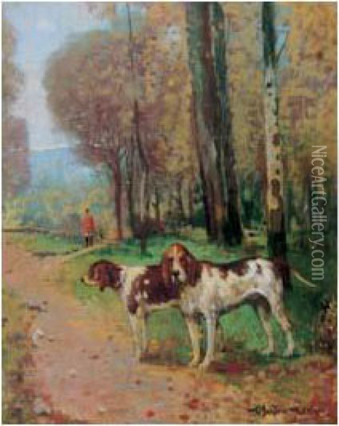Chiens Courants Et Le Piqueux Oil Painting - Theodore Levigne