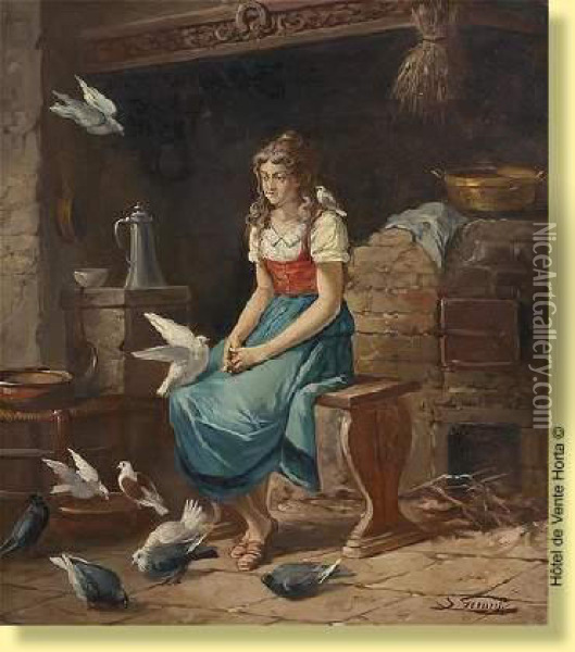 Jeunefille Et Pigeons Oil Painting - Simonin Gerard