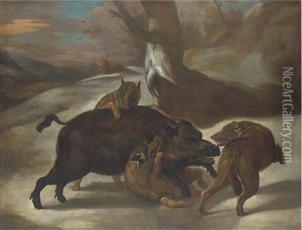 Wolves Attacking A Boar In A Wooded Landscape Oil Painting - Abraham Danielsz Hondius