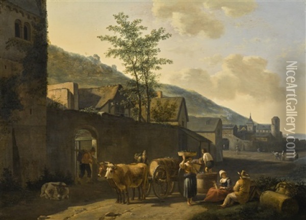 Landscape With Figures And Cattle Before A City Wall Oil Painting - Gerrit Adriaensz Berckheyde