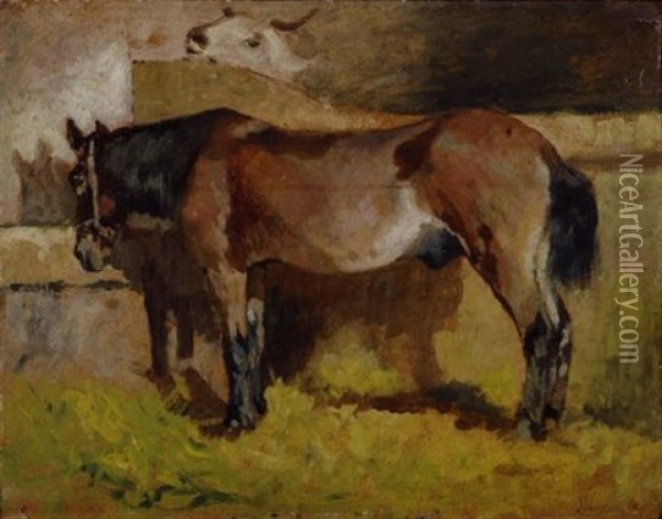 Cavallo Nella Stalla E Mucchina (cavallo Alla Mangiatoia) Oil Painting - Giovanni Fattori