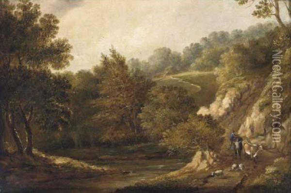Figures Before A Cottage In A Wooded Landscape Oil Painting - Patrick, Peter Nasmyth