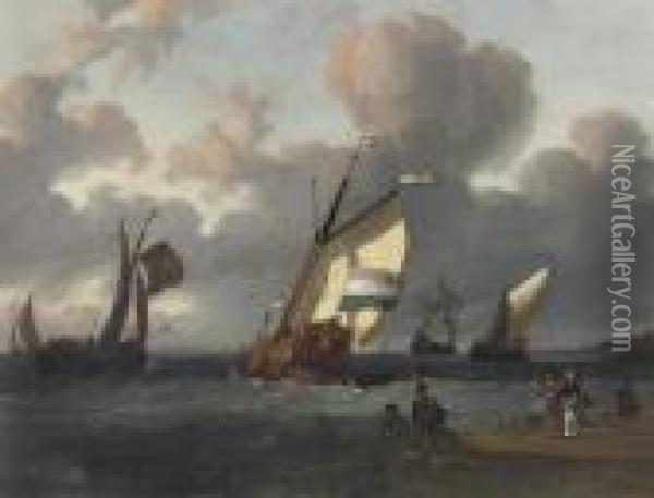 Shipping In Choppy Waters Before A Crowded Beach, A Townbeyond Oil Painting - Wigerius Vitringa