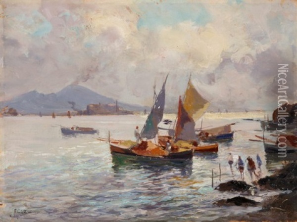 Fischerboote Vor Der Bucht Von Neapel Mit Vesuv Oil Painting - Oscar Ricciardi