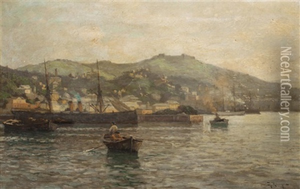 View Of Genoa Harbor Oil Painting - Julius Friedrich Ludwig Runge