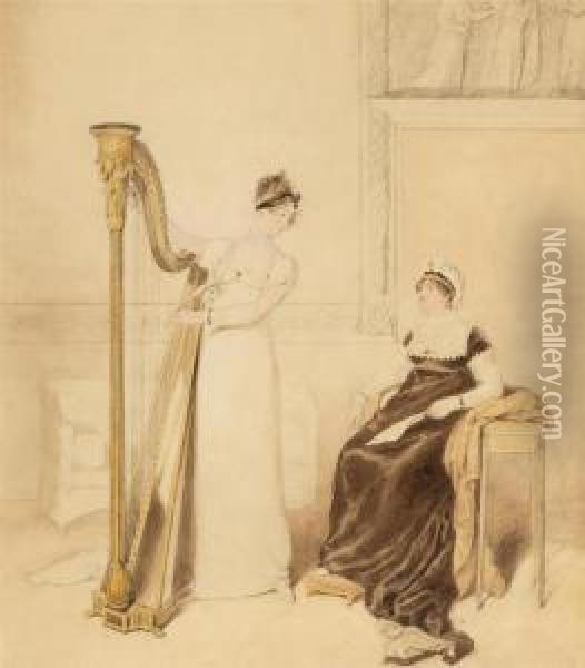 Portrait Of Lady Playing The Harp And Lady With A Letter. Oil Painting - Alfred-Edward Chalon