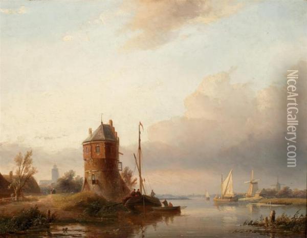 Sailing On Calm Waters Near A Ruin Oil Painting - Jan Jacob Coenraad Spohler