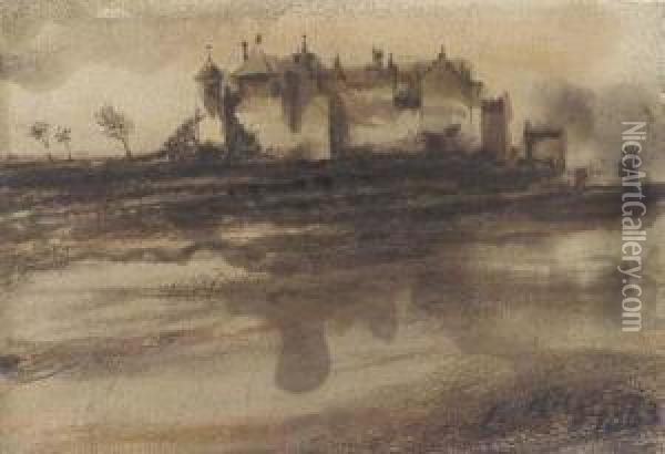 A Castle Seen Across A Lake Oil Painting - Victor Hugo