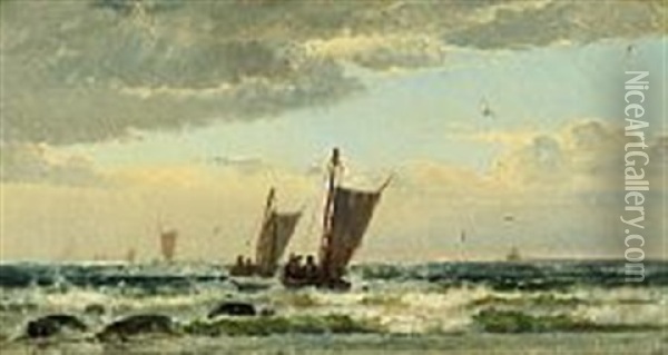 Fiskerne Gaar Ud Ved Skagen Strand I September Oil Painting - Holger Henrik Herholdt Drachmann