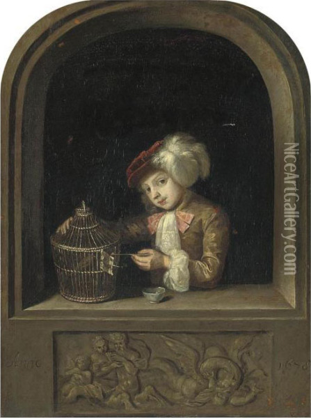 A Young Boy With A Birdcage At A Casement Oil Painting - Willem van Mieris