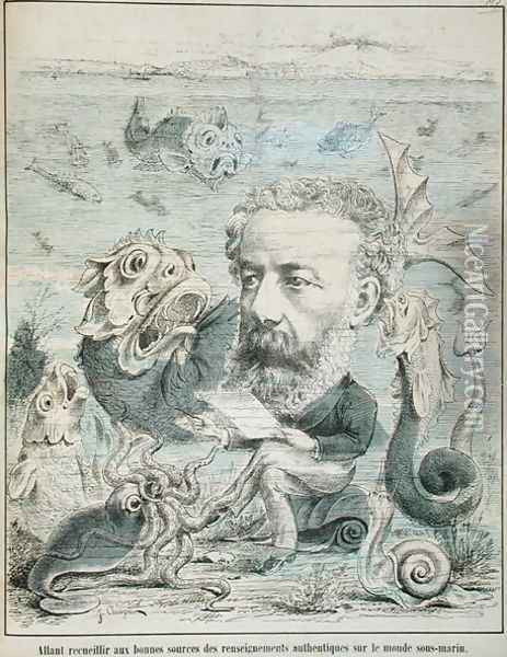 Jules Verne (1828-1905) studying life at the bottom of the sea, caricature from 'L'Algerie Comique et Pittoresque' magazine , Oran 1883 Oil Painting - J. Chape