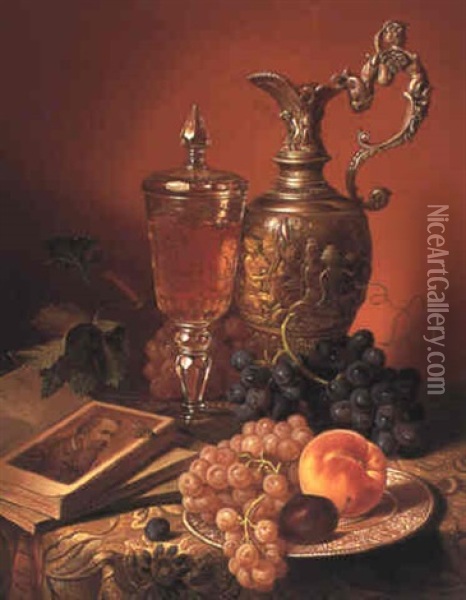 Still Life With Fruit And Artefacts Oil Painting - Josef Schuster