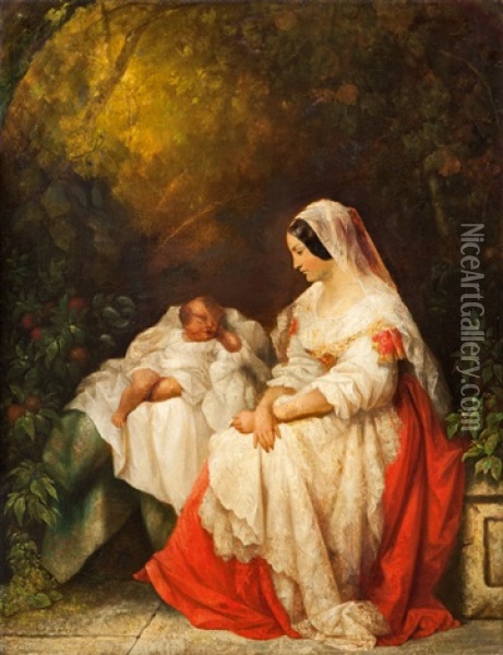 Mutter Mit Kind Ruhend Unter Baumen Oil Painting - Joseph Petzl