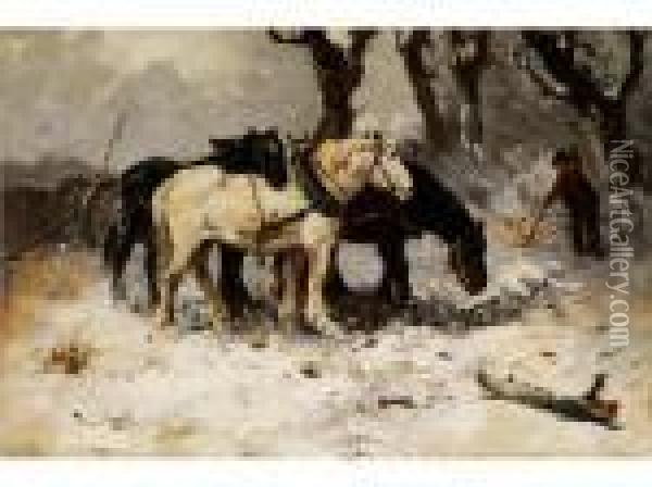 Arbeiter Mit Drei Arbeitspferden Amverschneiten Waldrand Oil Painting - Henry Schouten