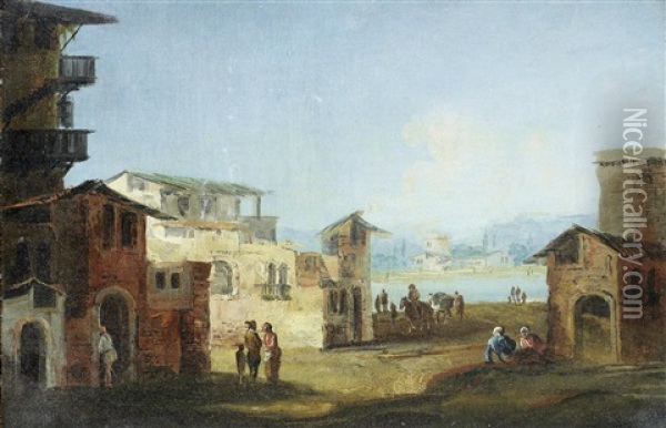 A Capriccio With Peasants Resting Before Buildings, The Venetian Lagoon Beyond (+ A Capriccio Of The Venetian Lagoon With Peasants Conversing And Resting On A Shore; Pair) Oil Painting - Michele Marieschi