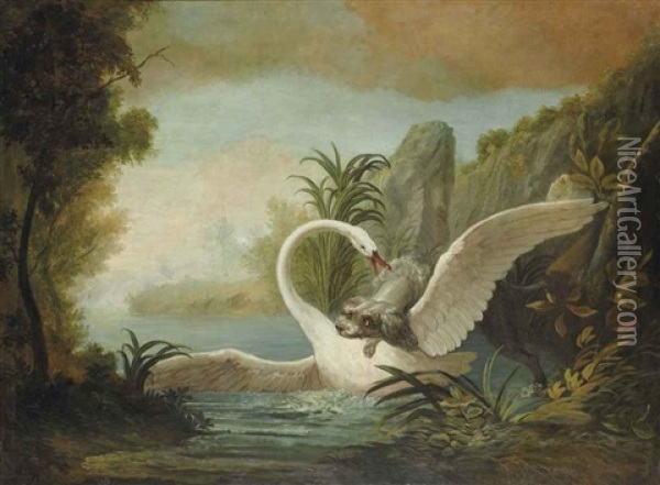 Epagneul Attaquant Un Cygne Oil Painting - Christophe Huet
