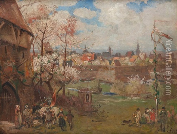 Das Kinder-kirchenfest Bzw. Bauernkirmes, Im Hintergrund Dusseldorf Oil Painting - Adolf Lins