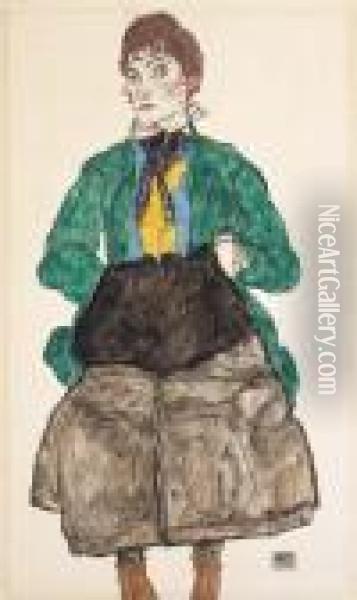 Frau In Gruner Bluse Mit Muff Oil Painting - Egon Schiele