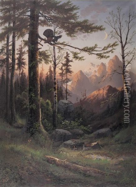 Abendrot Uber Dem Hochgebirge Mit Balzendem Auerhahn Oil Painting - Julius Zopf