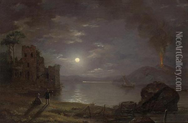 Vesuvius From Posillipo By Moonlight Oil Painting - Johann-Hermann Carmiencke
