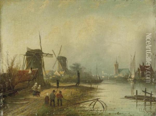 Wind Mills In A River Landscape Oil Painting - Jan Jacob Coenraad Spohler