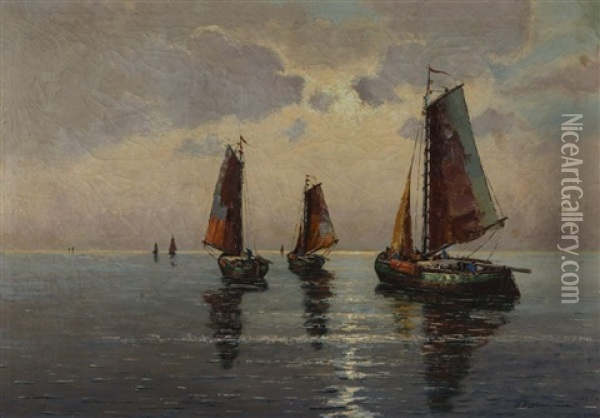 Fishing Boats At Sea Oil Painting - Ernst Hugo Lorenz-Morovana