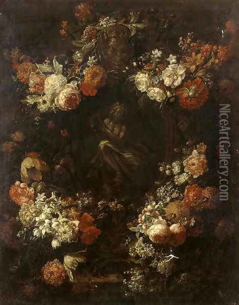 Apollo the Kithara Player Framed with a Garland of Flowers Oil Painting - Gaspar-pieter The Younger Verbruggen