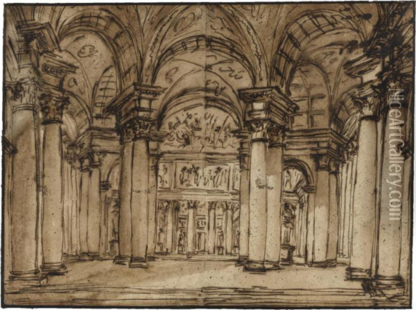 Interior Of A Circular Temple Oil Painting - Giuseppe Barberi