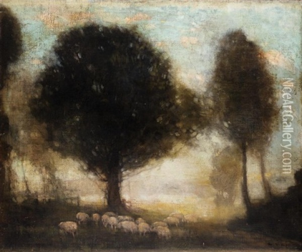 Landscape With Sheep And Trees (+ Another; 2 Works) Oil Painting - William George Robb