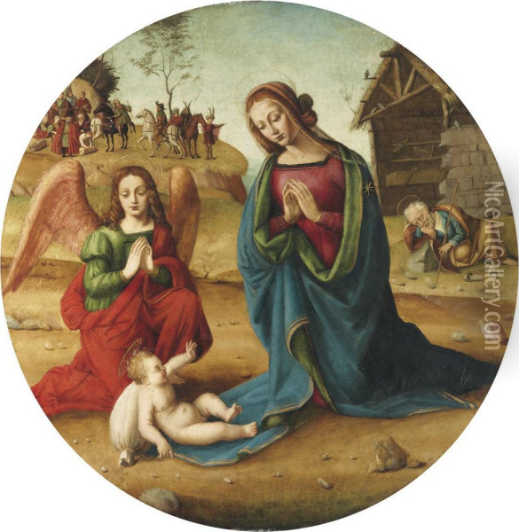 The Holy Family With An Adoring Angel, The Manger And The Retinue Of The Magi Beyond Oil Painting - Piero Di Cosimo