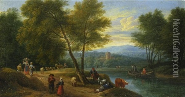 Flusslandschaft Mit Tieren Und Personenstaffage Oil Painting - Pieter Bout