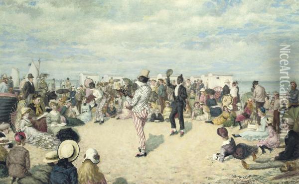 Minstrels Entertaining The Crowds Oil Painting - Owen Dalziel